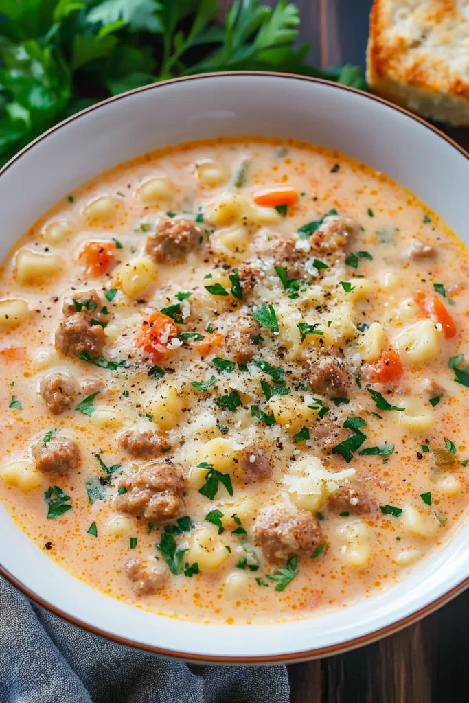 A rich, creamy soup with sausage and diced vegetables, topped with fresh parsley for a pop of color.