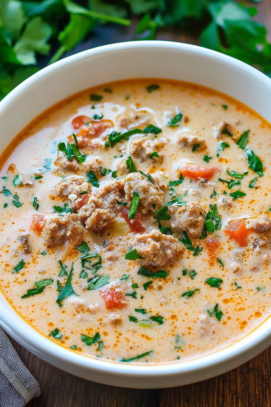 Warm bowl of comforting, creamy soup with visible pieces of sausage and potatoes.