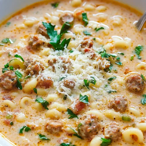 Close-up of a hearty soup bowl filled with tender chunks of sausage and potatoes in a creamy broth.