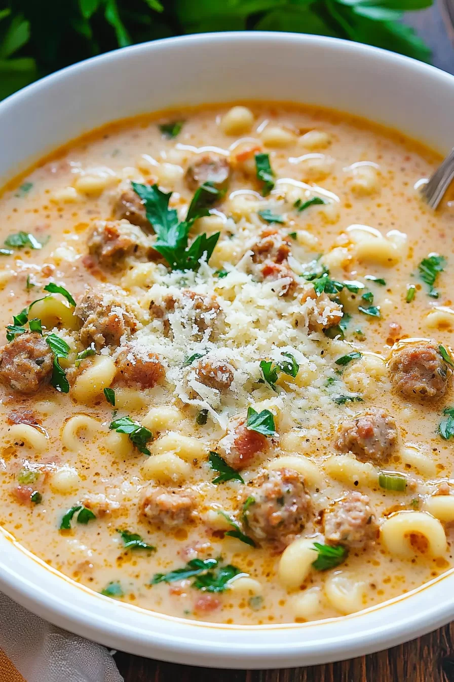 Close-up of a hearty soup bowl filled with tender chunks of sausage and potatoes in a creamy broth.