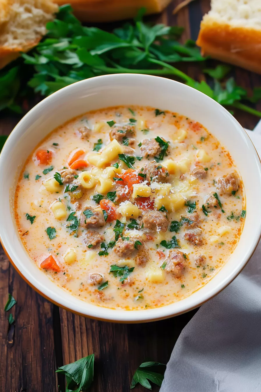 Bowl of creamy soup garnished with grated Parmesan and fresh herbs, perfect for a cozy meal.