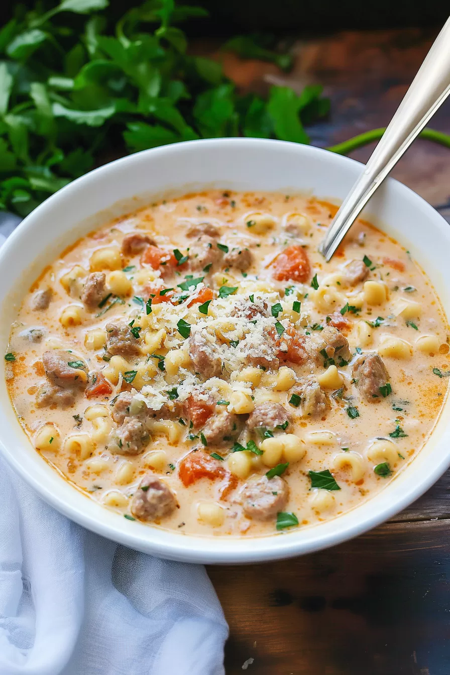 Spoonful of creamy, flavorful soup, highlighting the chunks of sausage and tender potatoes.