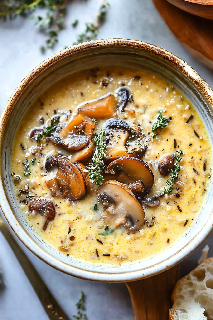 Warm bowl of wild rice and mushroom soup topped with fresh herbs.