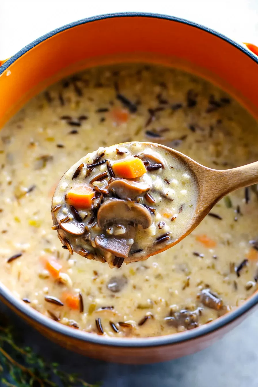 Spoonful of creamy wild rice and mushroom soup.