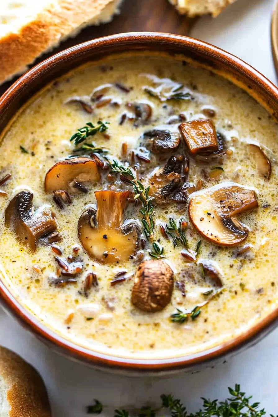 Bowl of wild rice soup garnished with mushrooms and green herbs.