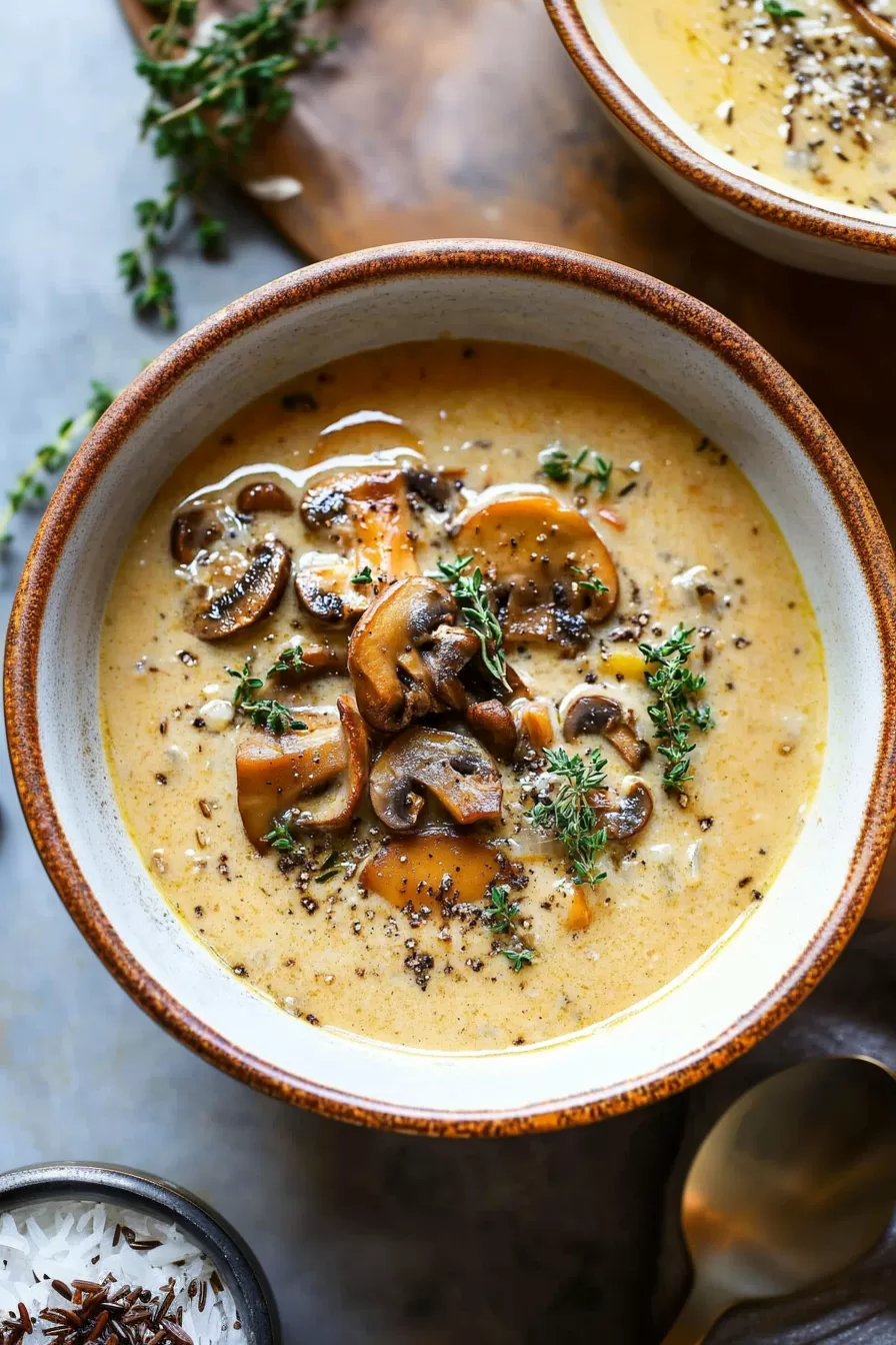 Mushrooms and wild rice simmering in a pot for soup.