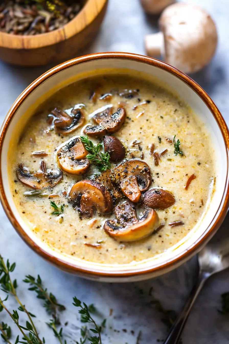 Wild rice and mushroom soup served with a side of crusty bread.