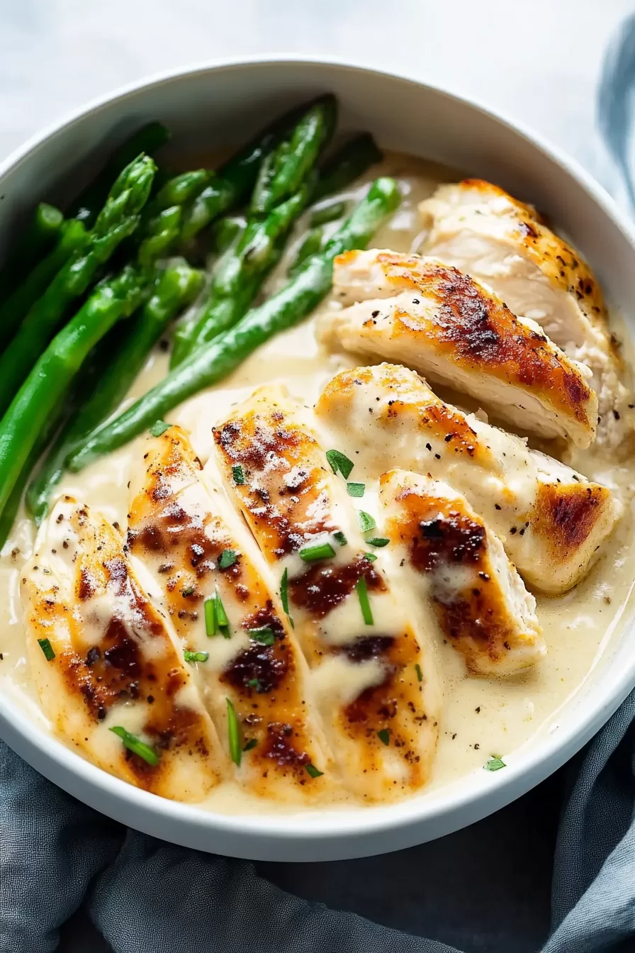 Plated chicken with a creamy, herbed sauce on top.