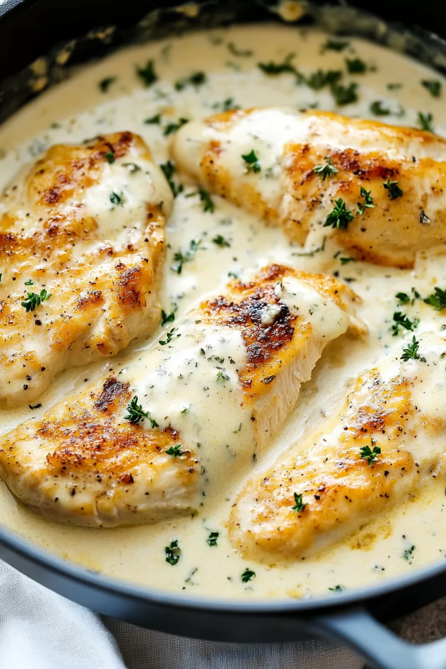 Close-up of tender chicken with a thick, creamy coating.