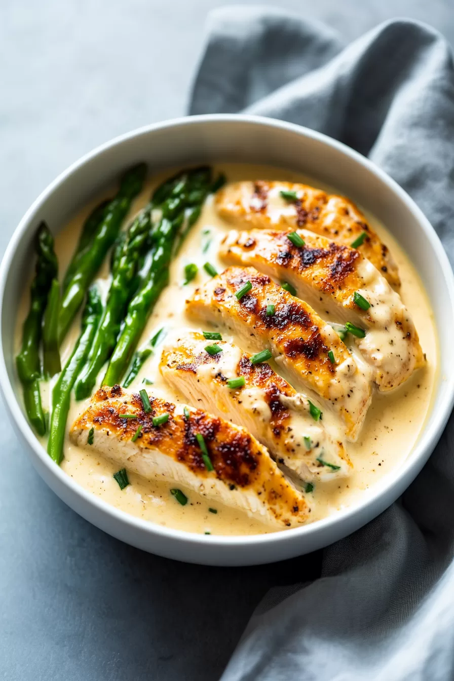 Chicken breast in a smooth, rich cream sauce with herbs.