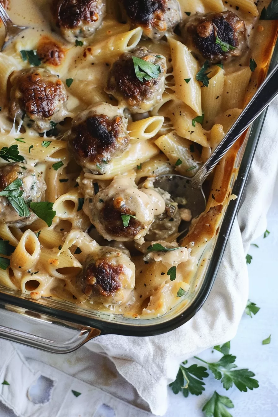 Scoop of creamy pasta and meatballs with a sprinkle of herbs for garnish.