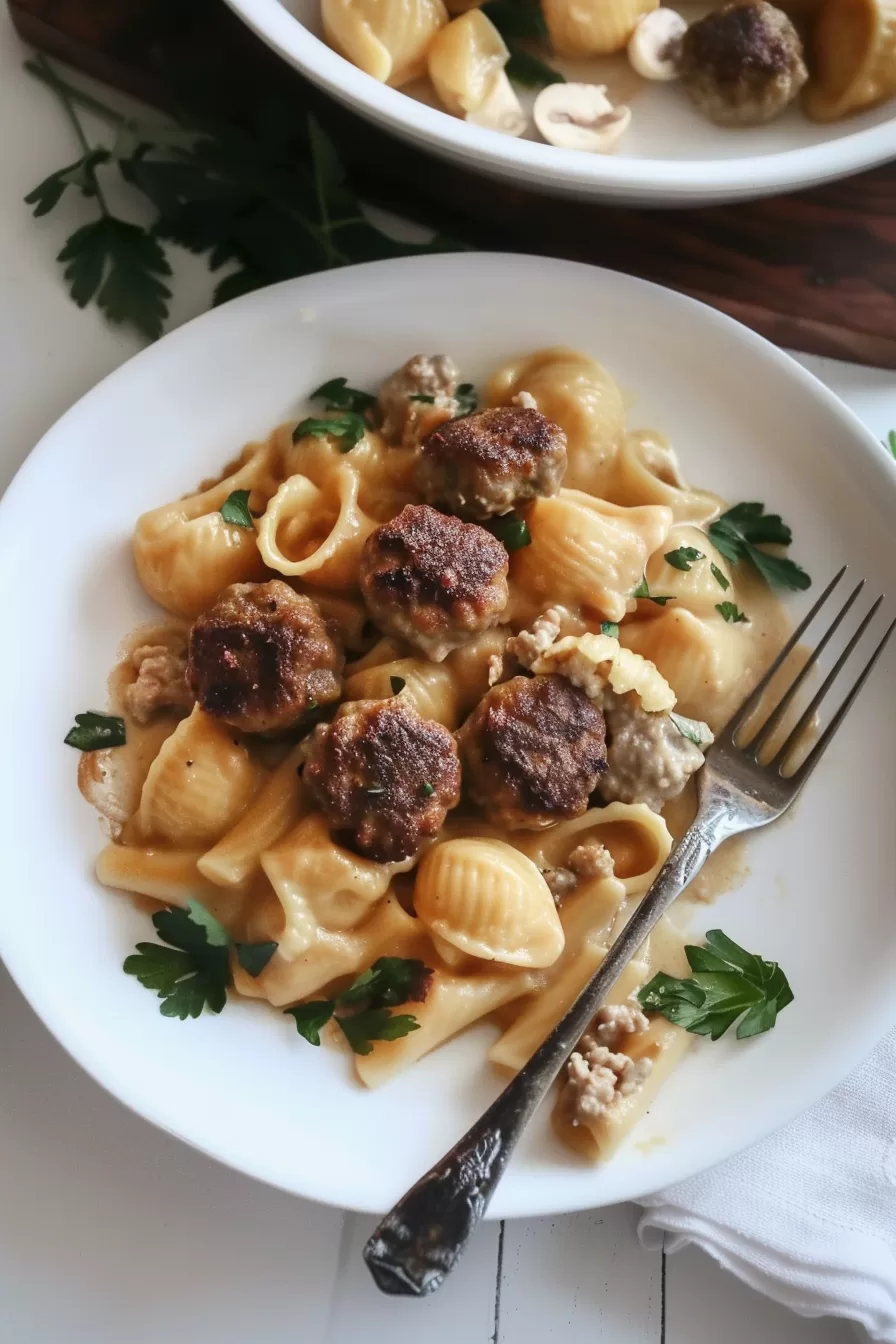 Close-up of a pasta bake topped with tender meatballs and melted cheese.