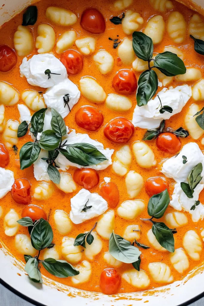 A plate of tender gnocchi coated in a rich tomato sauce, topped with creamy burrata.