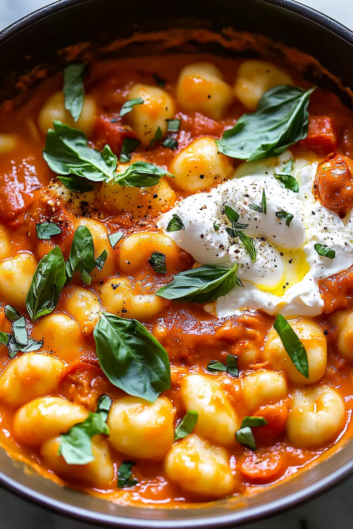 Close-up of gnocchi in a vibrant, creamy sauce with a fresh ball of burrata in the center.