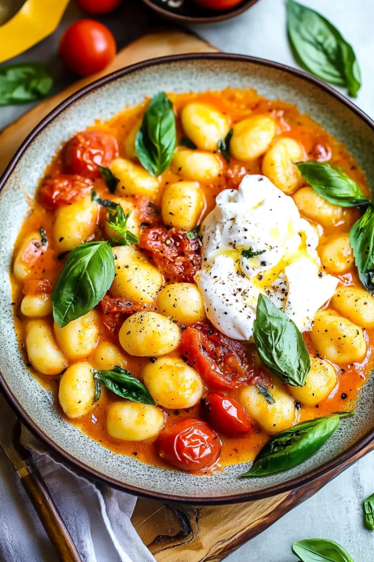 A bowl of gnocchi garnished with basil leaves and a drizzle of olive oil, perfect for a cozy dinner.