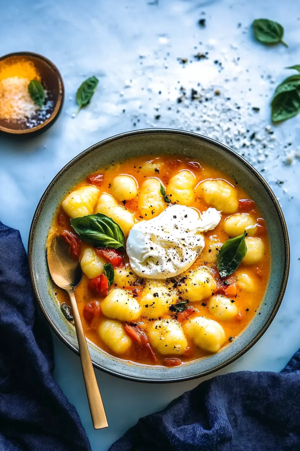 Golden gnocchi nestled in a velvety tomato sauce, paired with soft, melty burrata cheese.