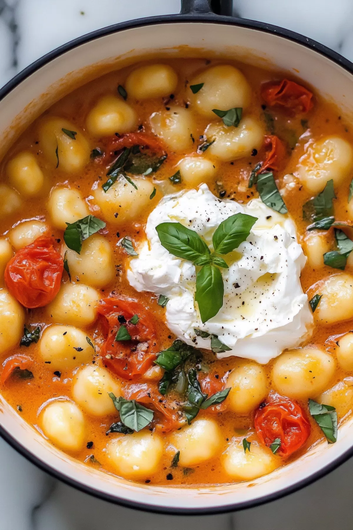 A rustic serving of gnocchi in a creamy tomato base, crowned with creamy burrata and fresh herbs.