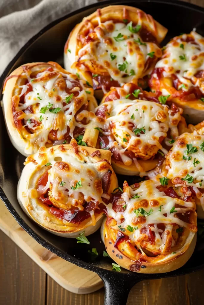 Baked rolls filled with a mix of BBQ chicken and cheese, served warm.