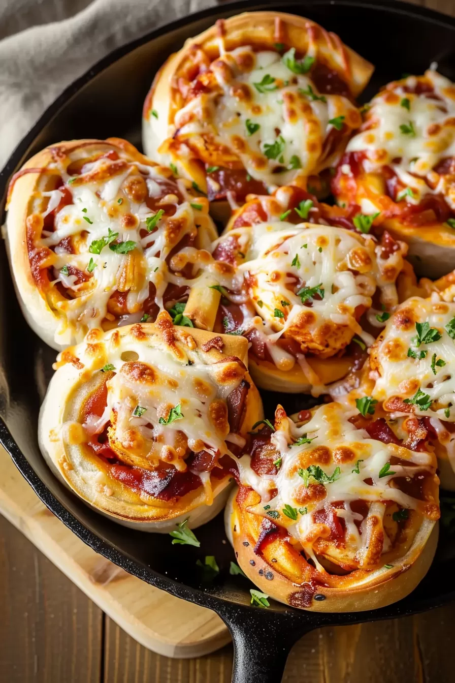 Baked rolls filled with a mix of BBQ chicken and cheese, served warm.