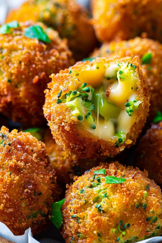 Golden-brown cheese balls with broccoli bits, fresh out of the oven.