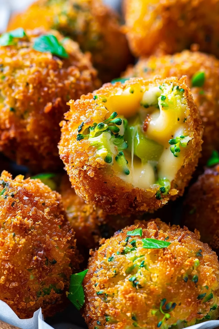 Golden-brown cheese balls with broccoli bits, fresh out of the oven.