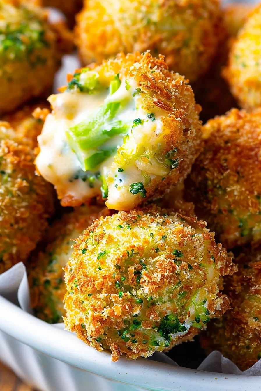 Close-up of a crispy cheese ball, showing a soft, cheesy center with broccoli.