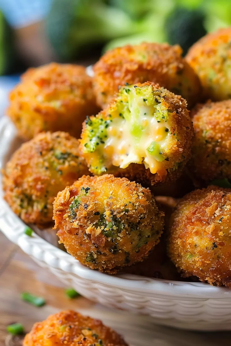 Cheese and broccoli balls with a golden crust, arranged on a serving tray.