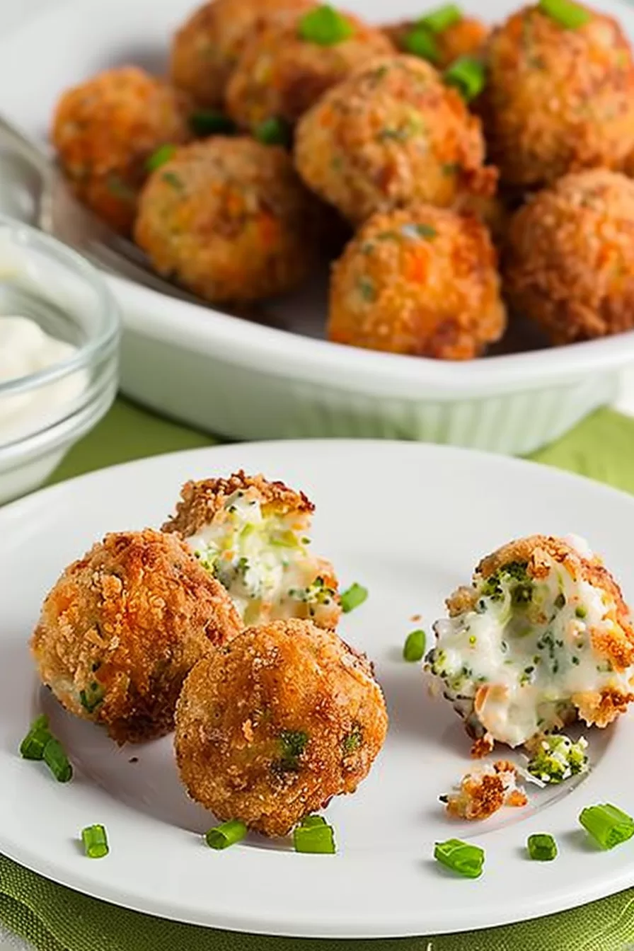 A plate of crunchy cheese and broccoli bites, perfect for snacking.