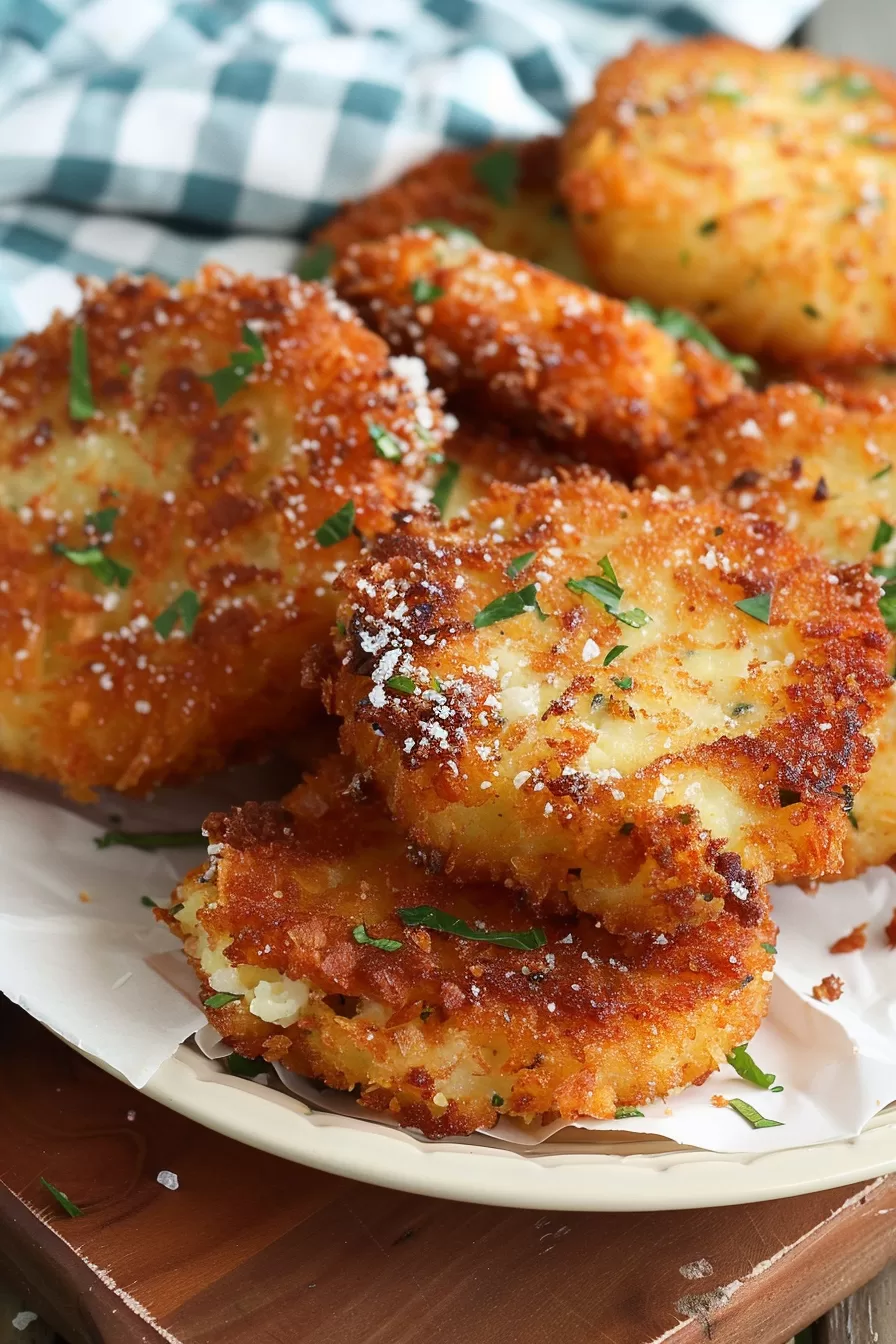 Stacked grit cakes with a perfectly browned, crunchy exterior.