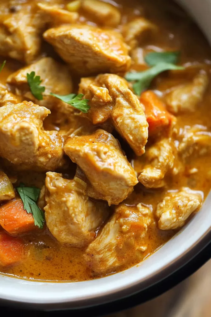 Close-up of a hearty curry featuring rich coconut milk and a medley of spices.