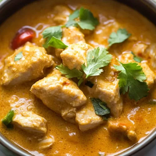 A comforting bowl of slow-cooked chicken in a flavorful and creamy curry sauce.