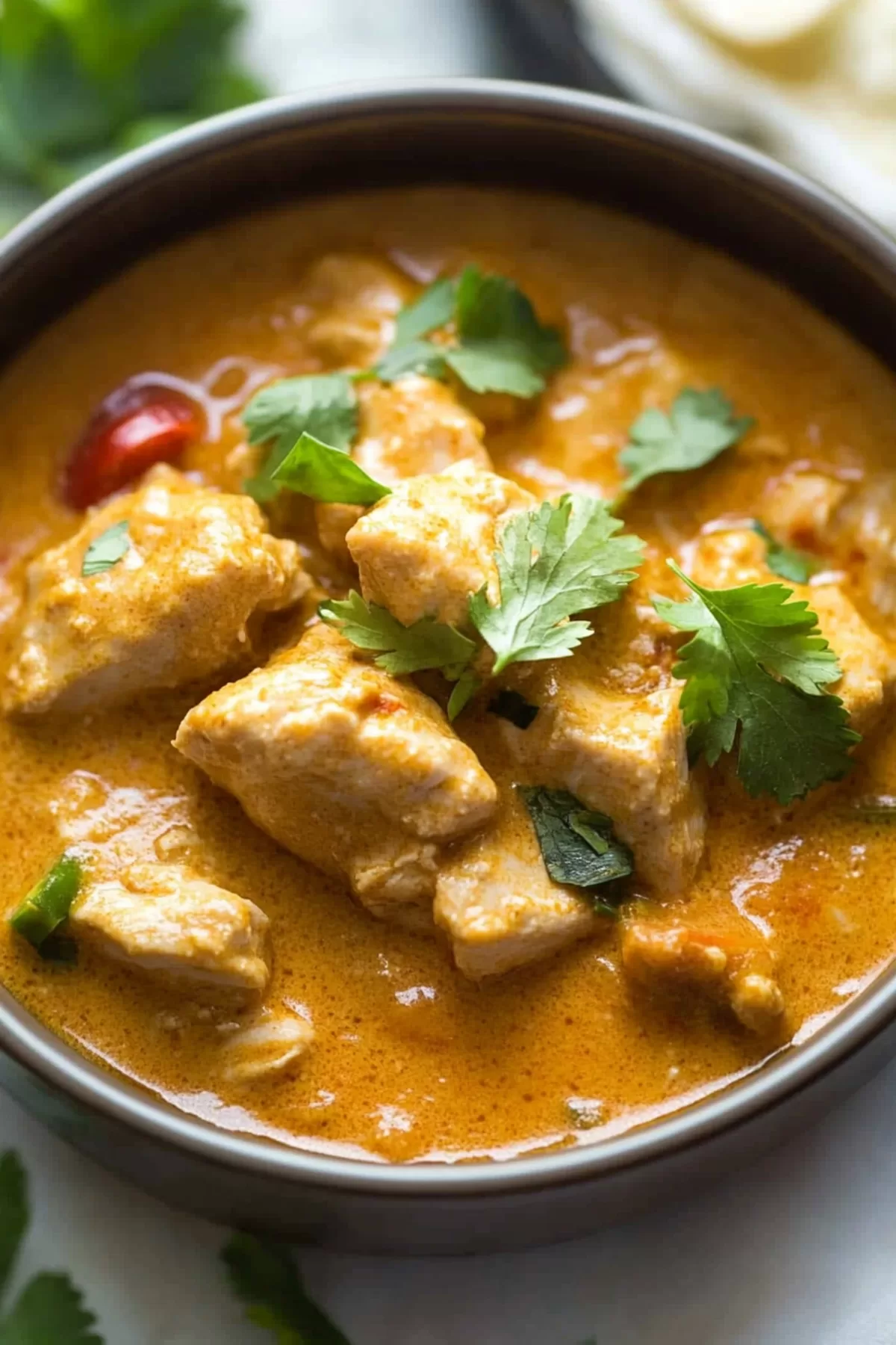 A comforting bowl of slow-cooked chicken in a flavorful and creamy curry sauce.