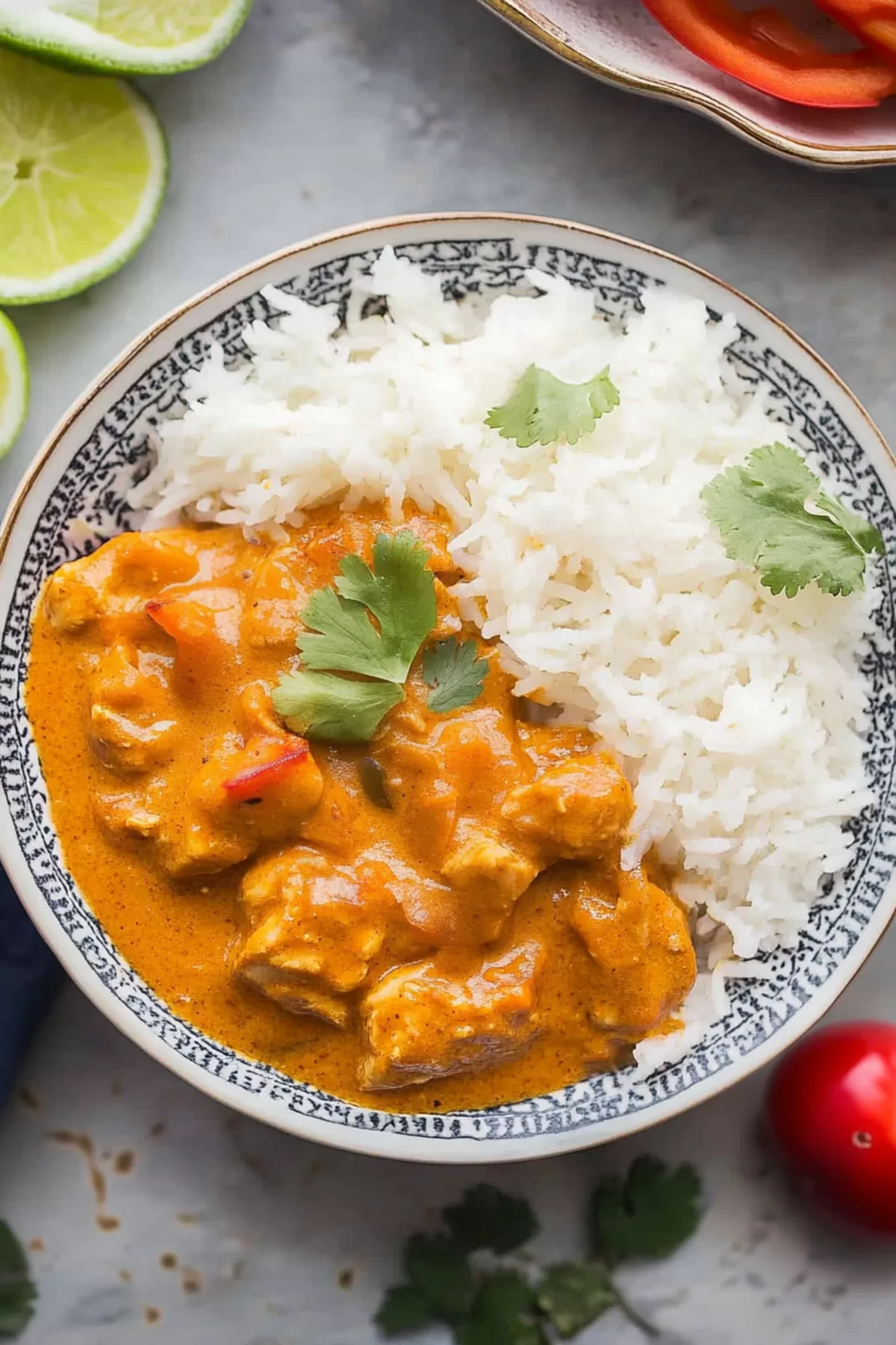 Bright and aromatic curry with chicken and fresh herbs served alongside steamed rice.