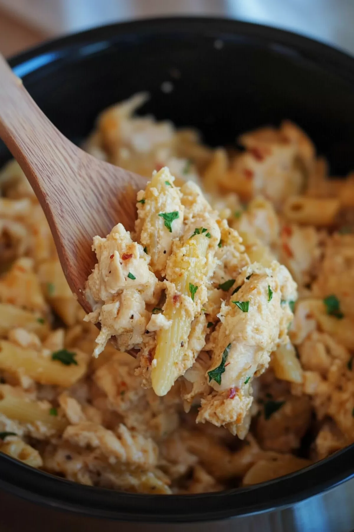 A wooden spoon scooping up a serving of rich and flavorful garlic parmesan chicken pasta.