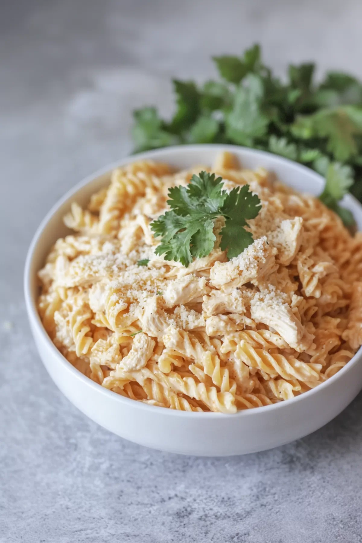 A vibrant serving of garlic parmesan pasta with chicken, sprinkled with fresh herbs and ready to enjoy.