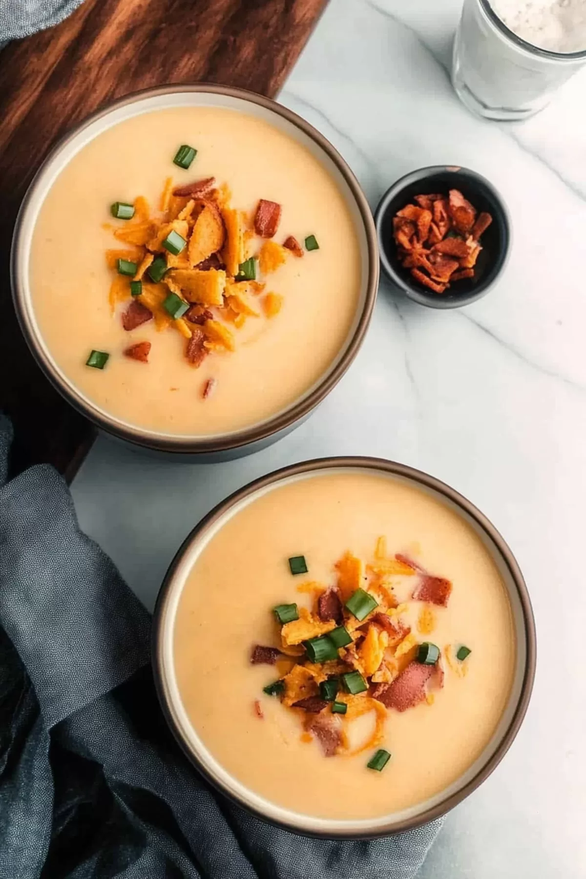 A creamy bowl of soup topped with crispy bacon bits, shredded cheese, and fresh green onions for a perfect finishing touch.