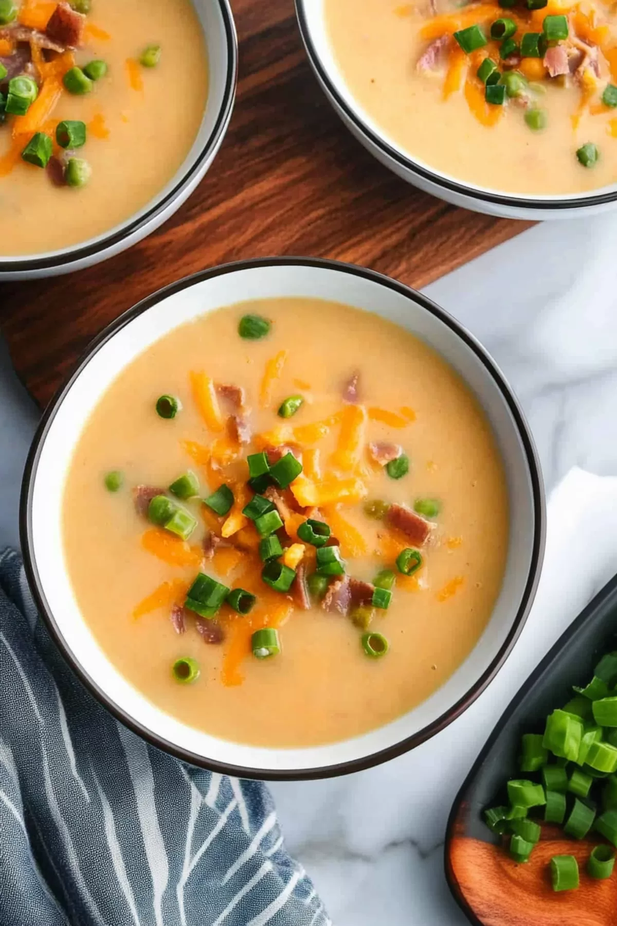 An inviting serving of creamy soup garnished with bright green onion slices and melted cheddar cheese.