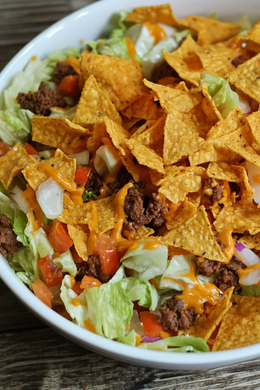 Close-up of a colorful taco salad loaded with toppings and crispy ingredients.