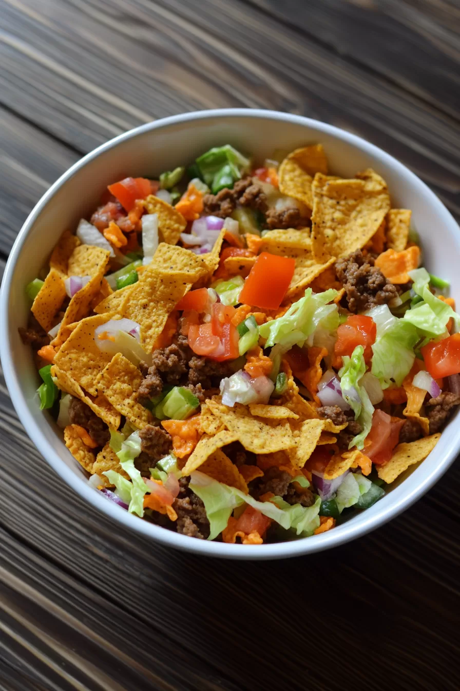 Crunchy chips and seasoned ground beef over a bed of fresh greens and veggies.