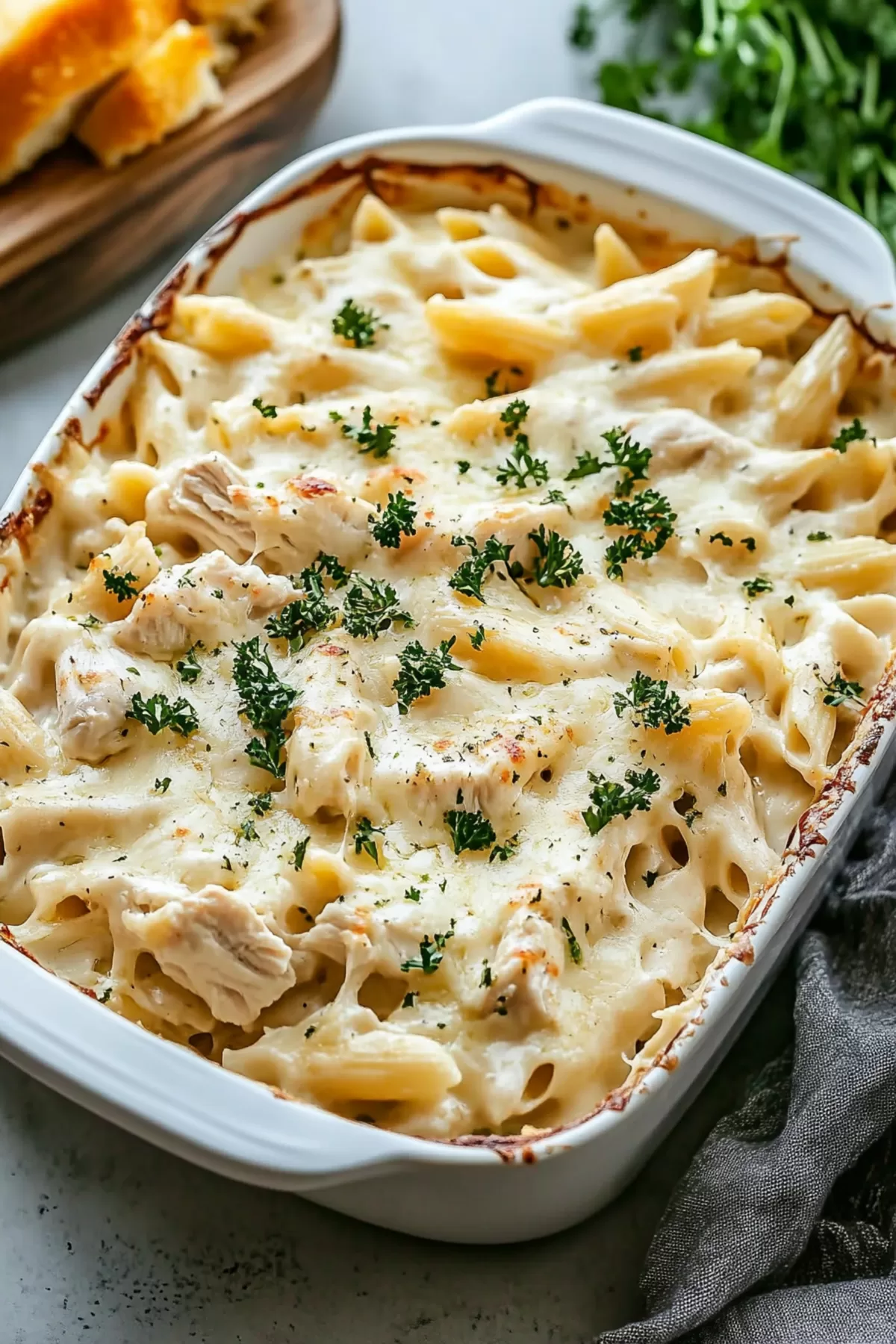 Casserole dish with golden-baked pasta and creamy sauce topped with melted cheese.