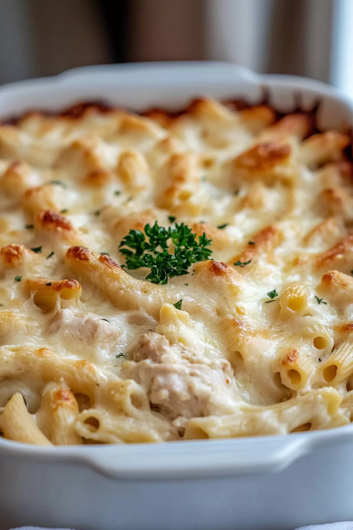 Close-up of creamy pasta bake, with chunks of chicken and a browned, cheesy top.