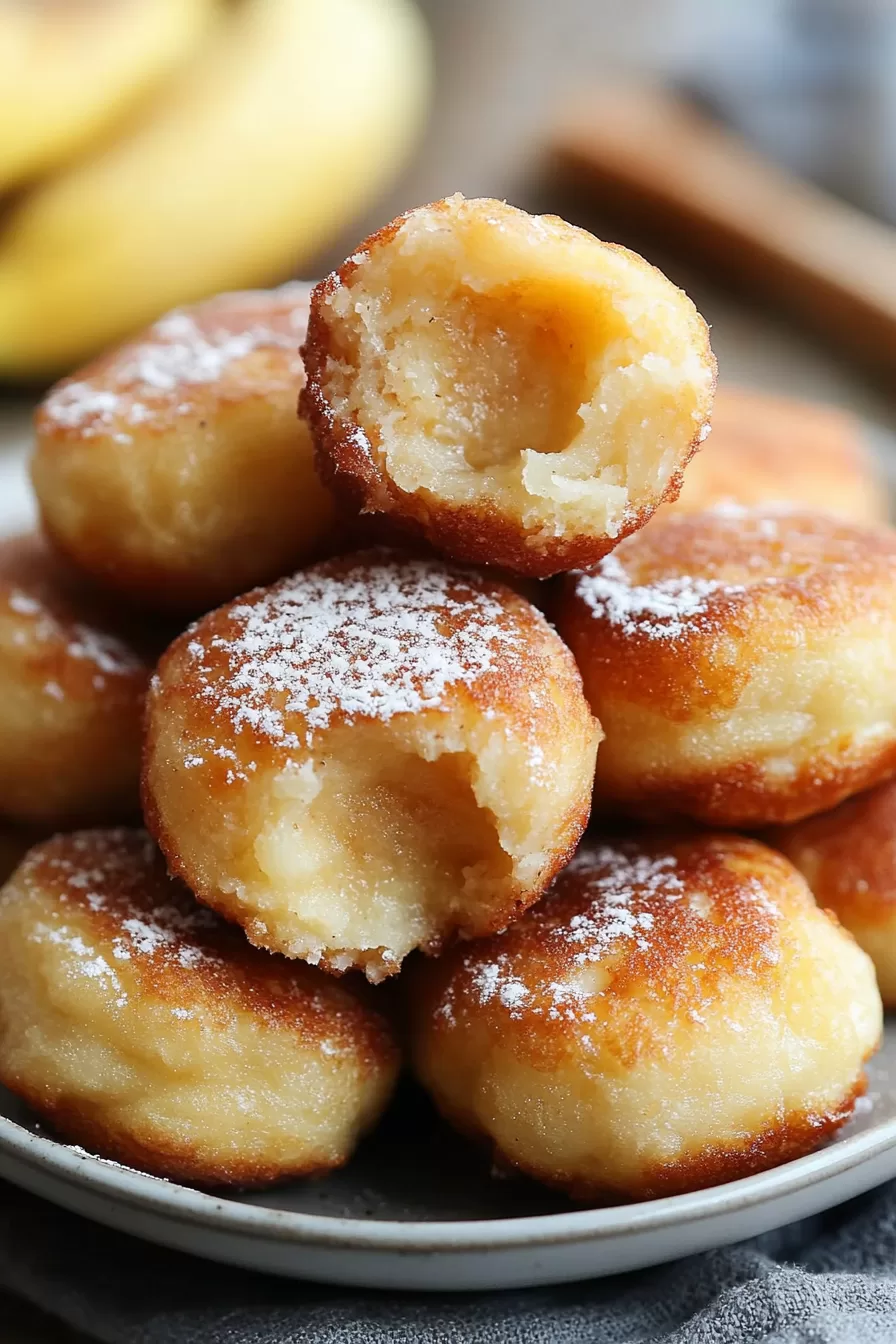 Golden, fluffy fritters with a light dusting of powdered sugar, showing a soft center.