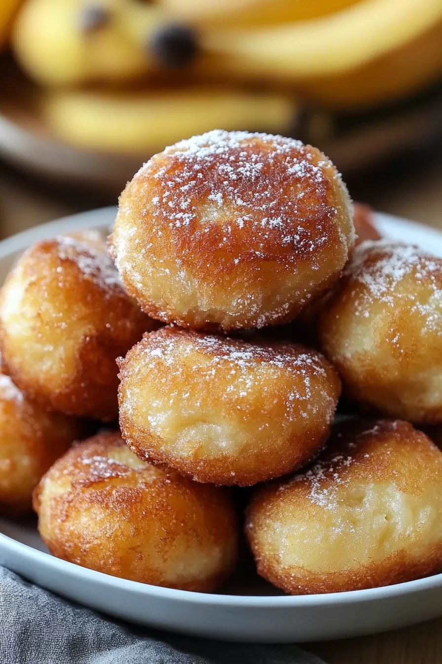 Close-up of warm, crispy fritters with a tender banana filling.