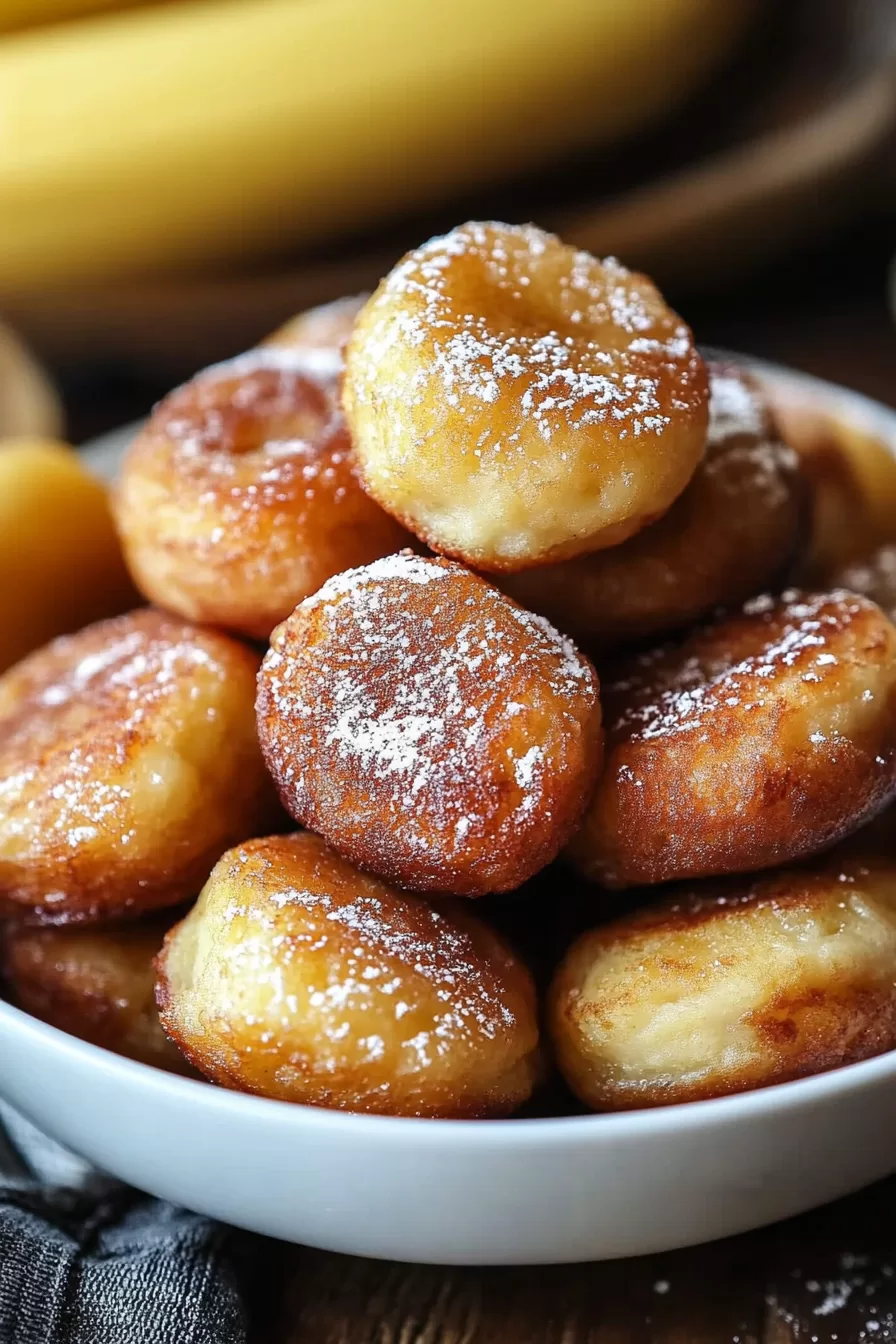 Plate of delicious, golden-brown fritters sprinkled with sugar, ready to serve.