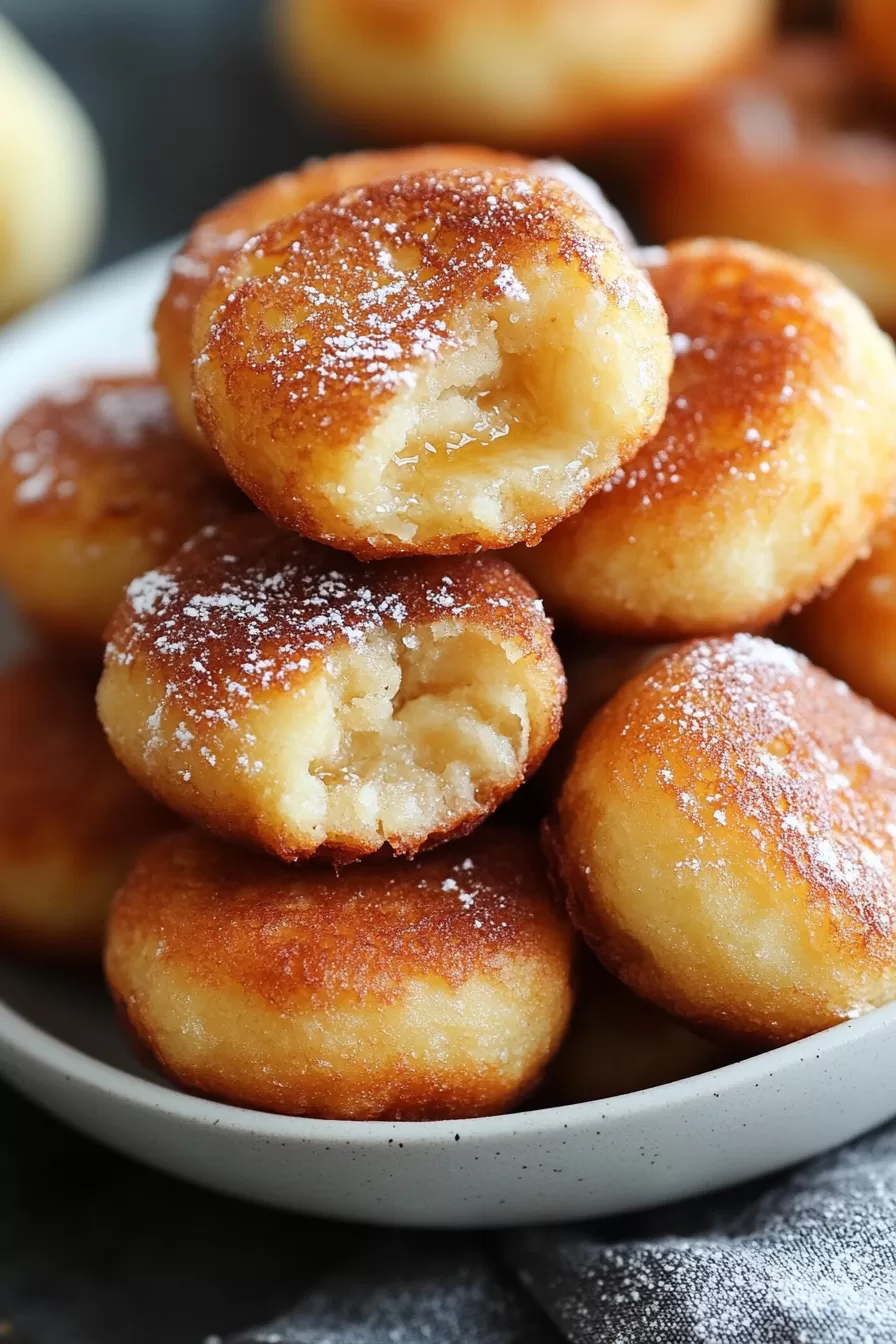 Soft and airy fritters with a hint of banana flavor, showcasing a bite-sized piece.