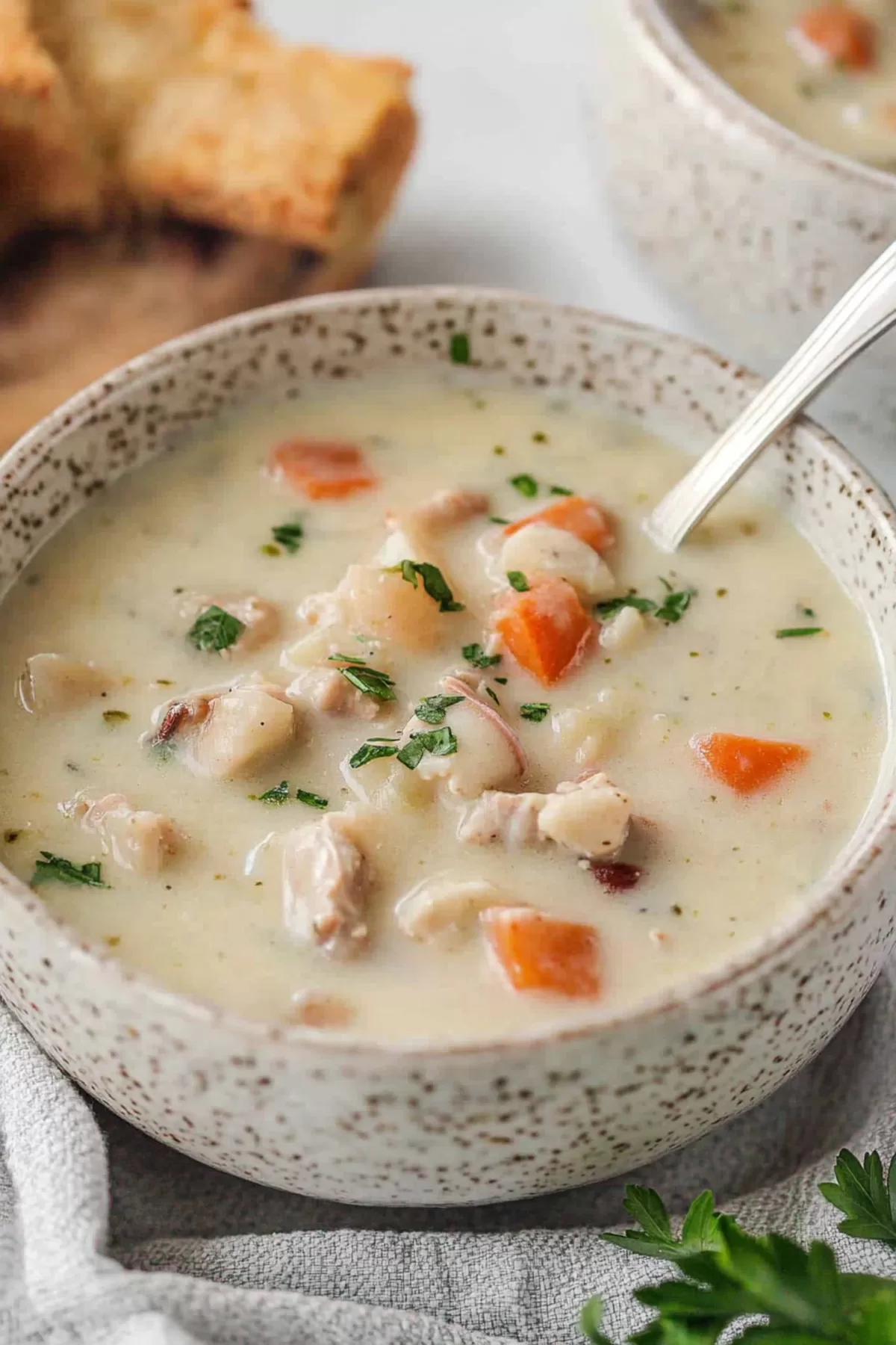 Close-up of a hearty soup with a rich, velvety texture and chunks of vegetables.