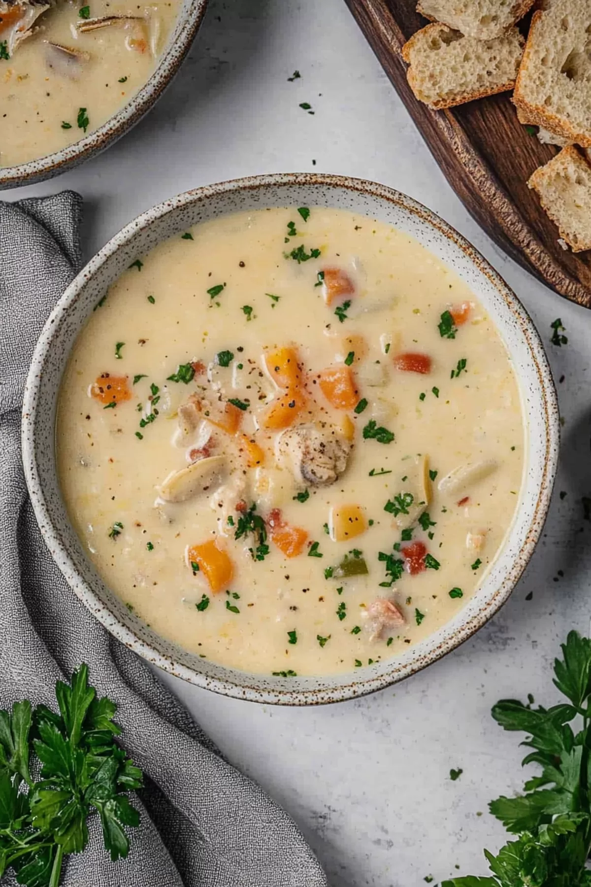 A creamy bowl of soup loaded with potatoes and garnished with fresh herbs.