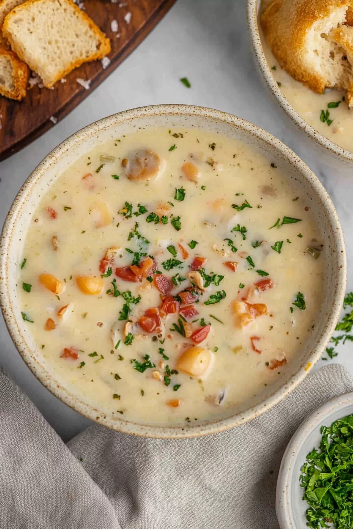 A comforting bowl of chowder served with crispy bread for dipping.