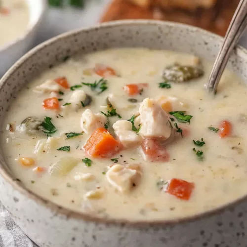 A warm and creamy soup featuring tender clams and a sprinkle of parsley.