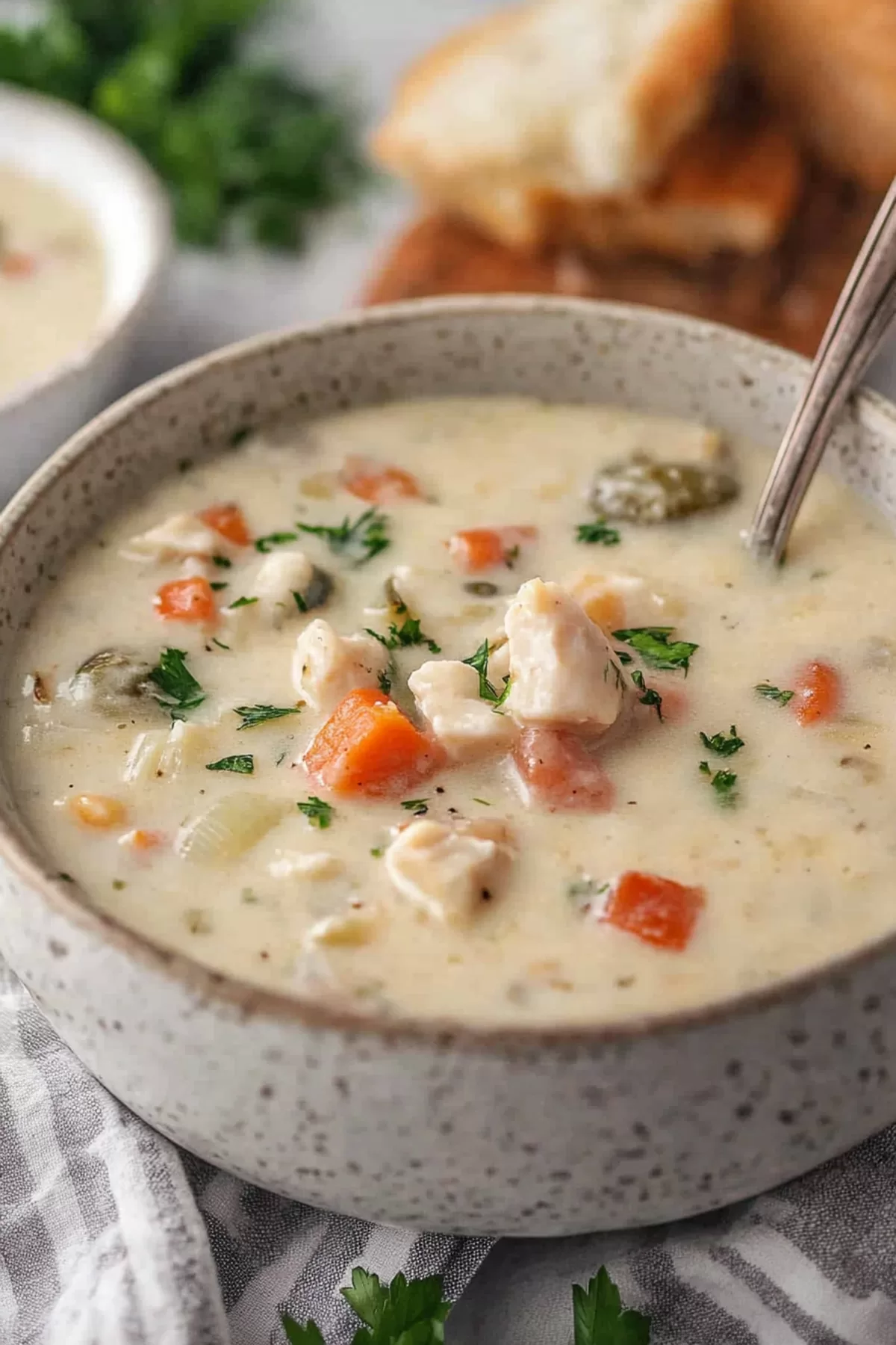 A warm and creamy soup featuring tender clams and a sprinkle of parsley.